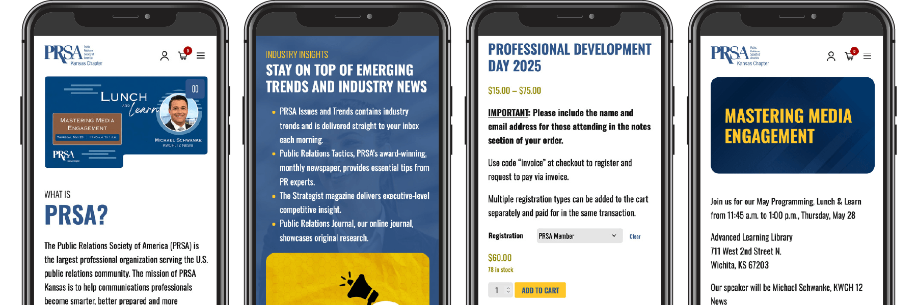 PRSA Kansas website displayed on four phones.