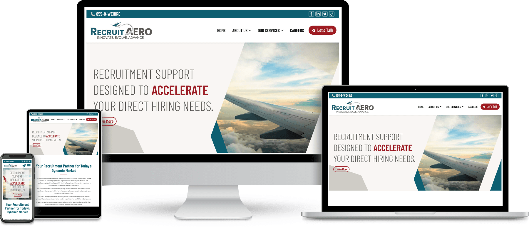 RecruitAERO website shown on desktop, laptop, tablet and mobile devices.
