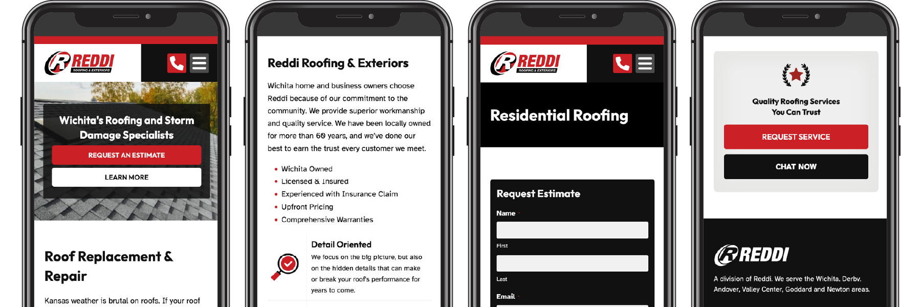 Reddi Roofing and Exteriors website displayed on four phones.