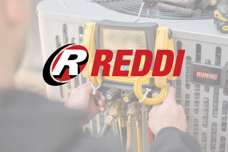 Reddi logo over faded photo of air conditioner being repaired.
