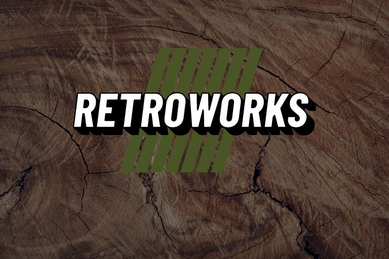 Retroworks logo design over brown kraft paper.