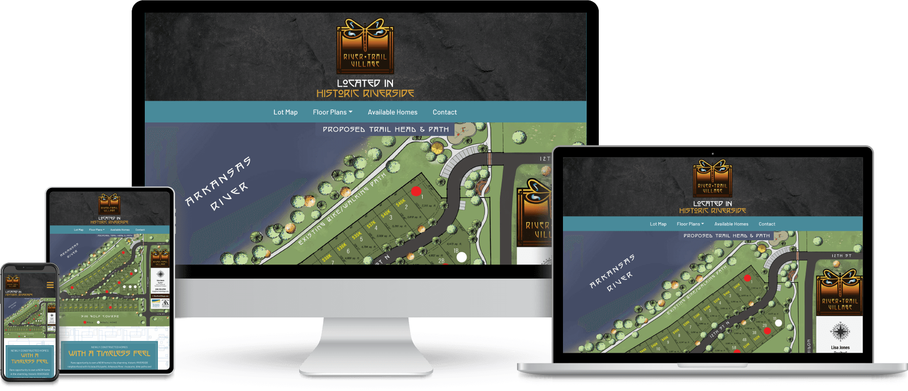 River Trail Village website shown on desktop, laptop, tablet and mobile devices.