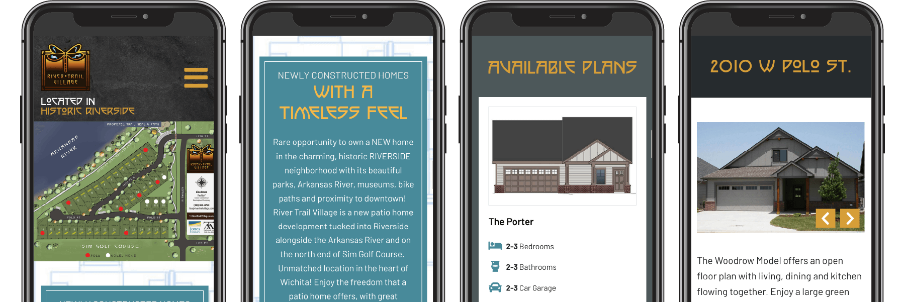 Four pages of the River Trail Village website displayed on four phones.