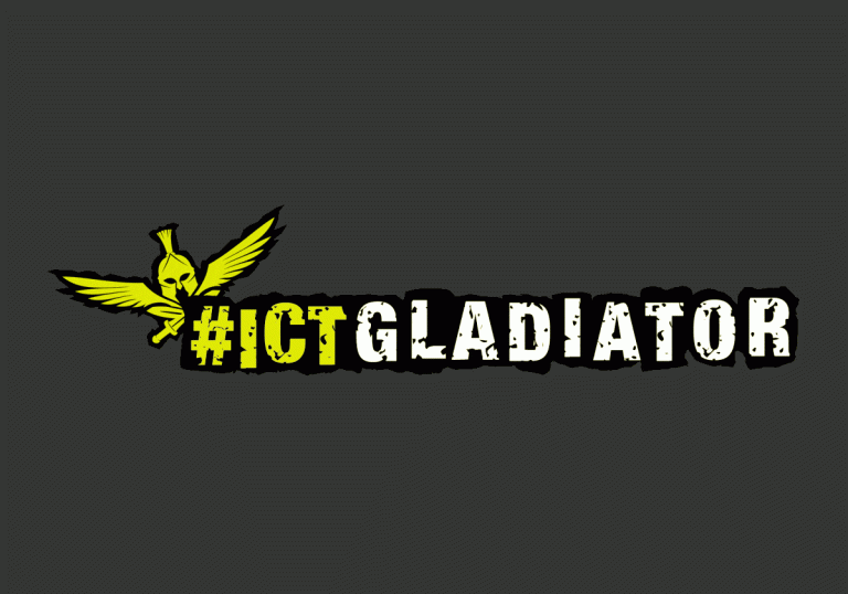 Animated GIF image of the words #ICTGLADIATOR with yellow gladiator icon.