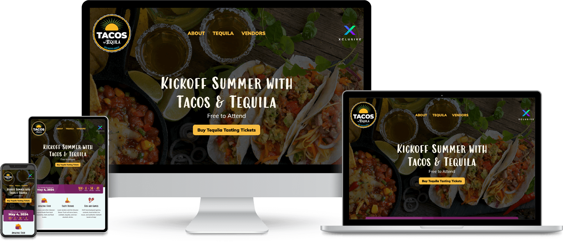 Tacos and Tequila website shown on desktop, laptop, tablet and mobile devices.