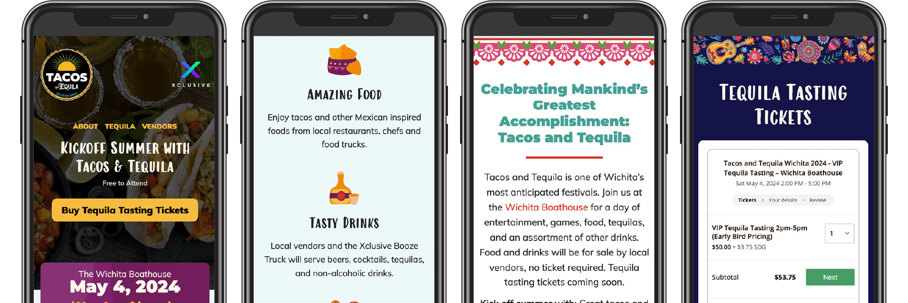 Four pages of the Tacos and Tequila website displayed on four phones.