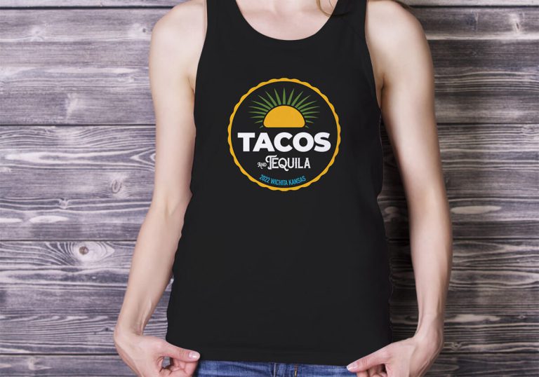 Woman in black tank top with colorful Tacos & Tequila logo.