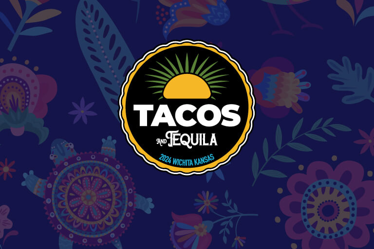 Tacos and Tequila logo over a photo of three tacos with two tequila shots and a lime.