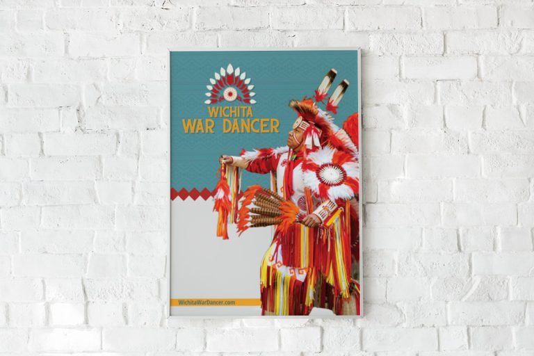 Wichita War Dancer poster. Dancer in full regalia is looking up and left against patterned background.