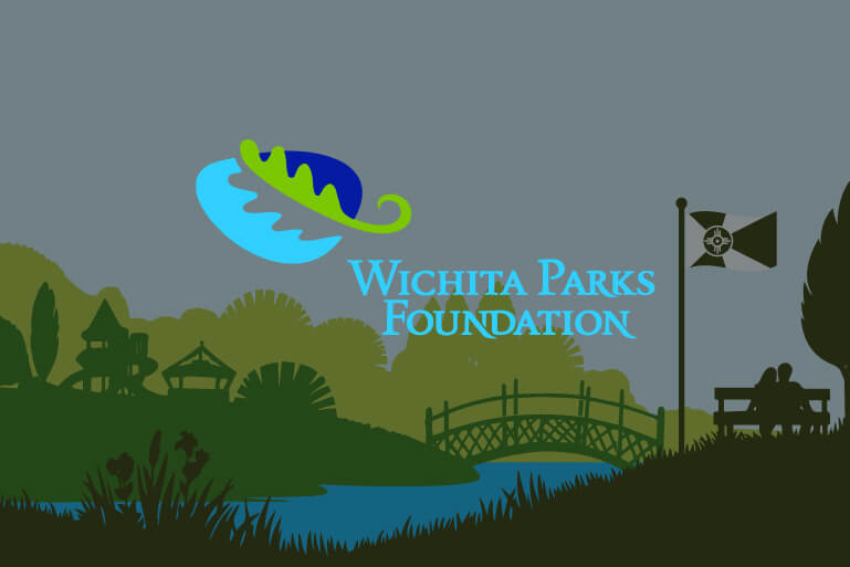 Wichita Parks Foundation logo over a park illustration with the Wichita flag.