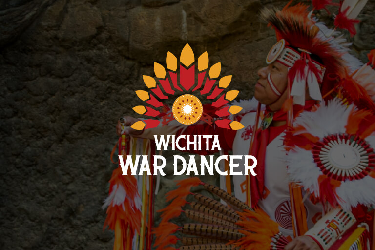 Wichita War Dancer logo over light blue tribal patterned background.