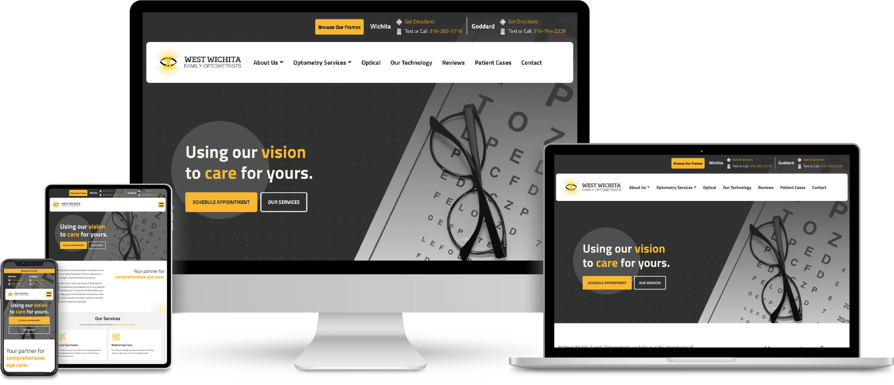 West Wichita Family Optometrists website shown on desktop, laptop, tablet and mobile devices.