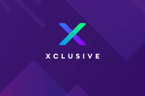 Xclusive logo over patterned purple background.